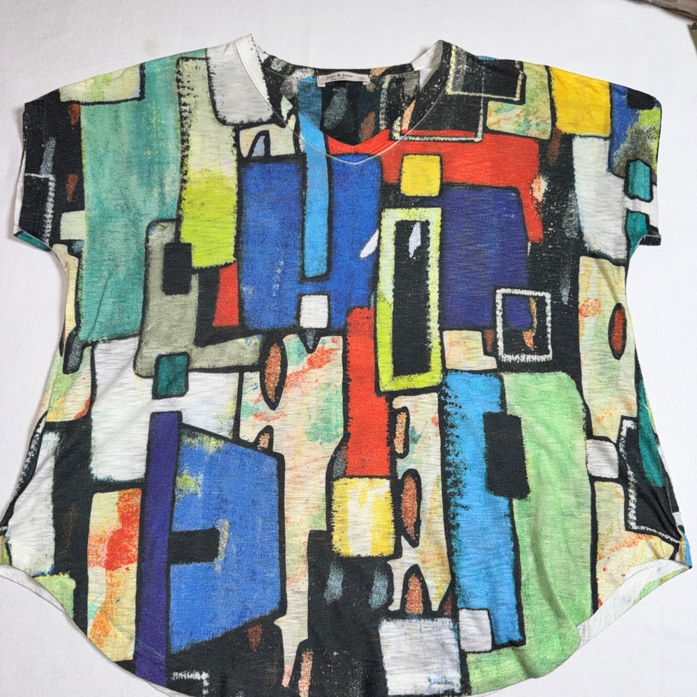 Jess & Jane Womens Abstract Geometric Print Top Multi Color Cap Sleeve PS USA